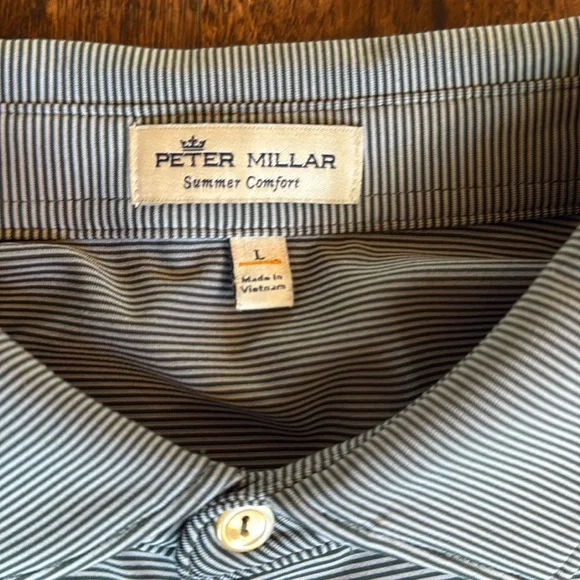 Peter Millar Light Blue with Navy stripe, Summer Comfort Polo Shirt, size large - Picture 2 of 6